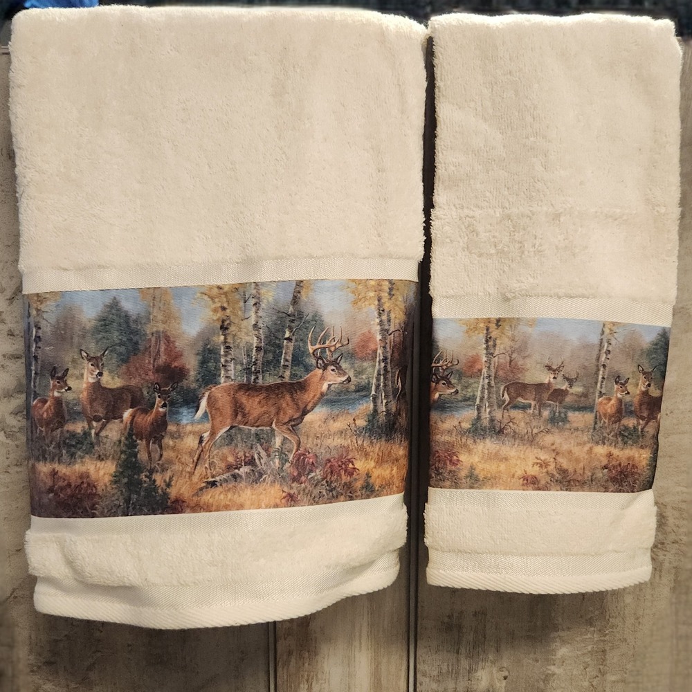 Vintage Towel Set Bath & Hand Woodland White Tail Deer Hunting Lodge Cottagecore